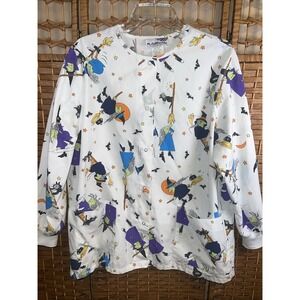 PL Of California Halloween Scrub Jacket Large Bats Witch Cat Snap Front Pockets